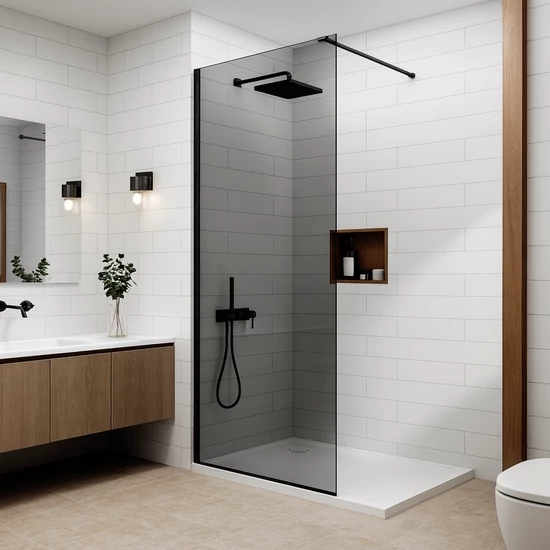 Walk-in Black shower wall, with smoked glass 80, 200cm, 8mm, NANO