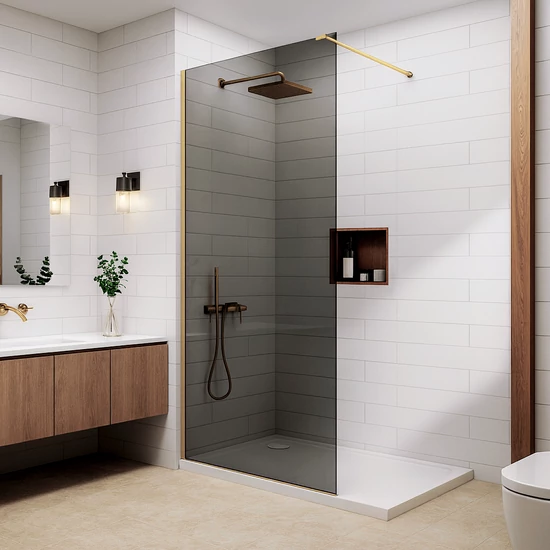 Walk-in Gold shower wall, with smoked glass 80, 200cm, 8mm, NANO